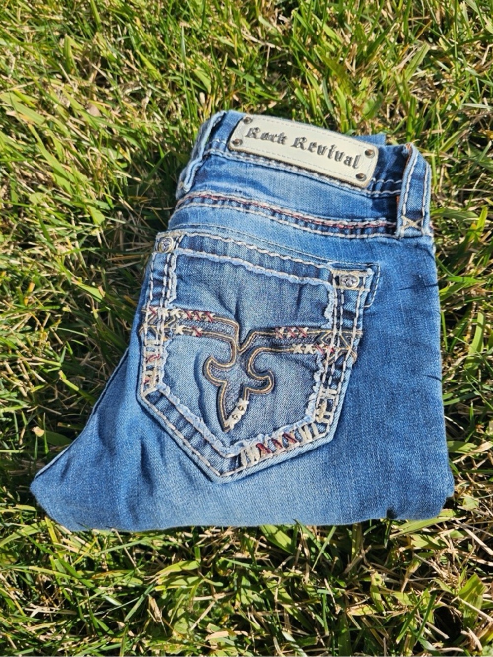 Rock Revival Jeans Size 26 Straight Fleur De Lis Thick Stitch Low Rise Distresse